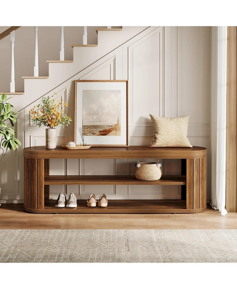Tribesigns 47.2" Wooden Entryway Bench with 2-Tier Shoe Storage, Farmhouse Dining Bench with Adjustable Foot Pads