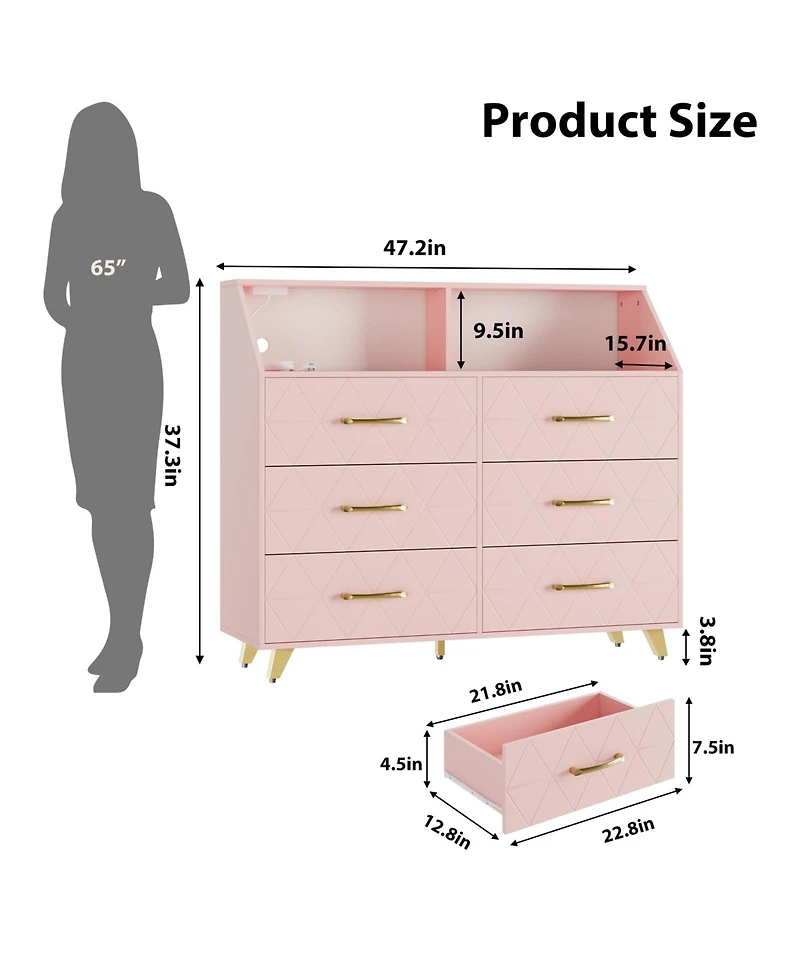 gaomon 6 Drawer Dresser with Charging Station, Shelf and Led Light, 47 inches Modern Wooden Chest