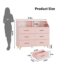 gaomon 6 Drawer Dresser with Charging Station, Shelf and Led Light, 47 inches Modern Wooden Chest