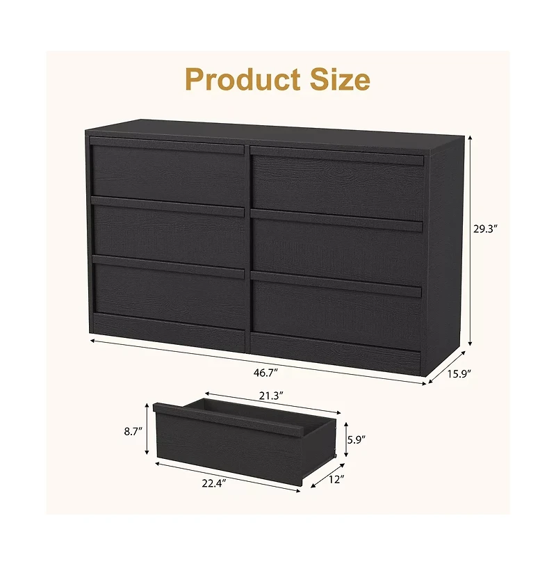 gaomon 6 Drawer Modern Handleless Dresser, 47 inches Wide Wooden Storage Organizer for Bedroom Living Room Nursery
