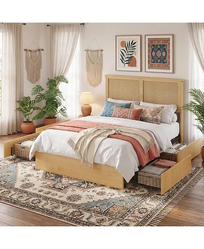 gaomon Size Rattan Bed Frame with 4 Storage Drawer, Boho Style Rattan Bed with Led Light and Natural Headboard, Sturdy Wooden Slats Support