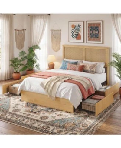 Gaomon Size Rattan Bed Frame With 4 Storage Drawer Boho Style Rattan Bed With Led Light Natural Headboard Sturdy Wooden Slats Support