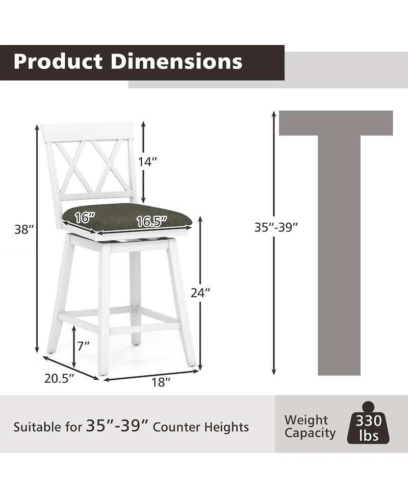 Slickblue Set of 2 Swivel Counter Height Bar Stools with Upholstered Cushion and Support