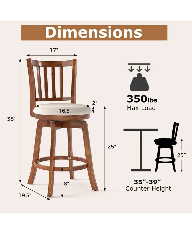Slickblue Set of 2 Swivel Counter Chairs with Backrest and Cushioned Seat