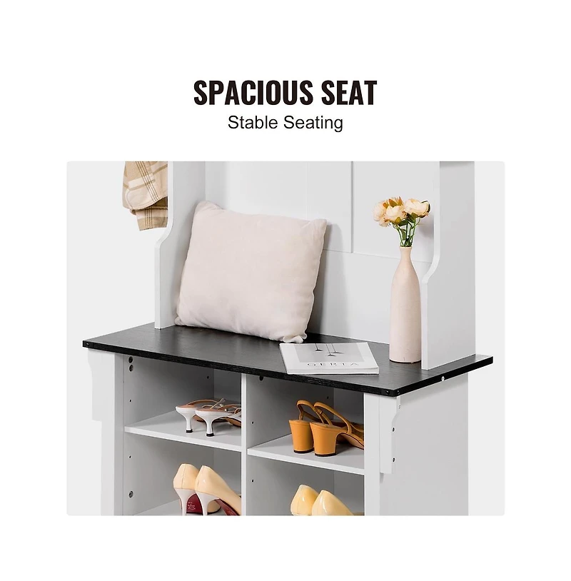 Sugift 32 in Wide Hall Tree Entryway Bench with Coat Hooks, Shoe Storage, and Padded Seat