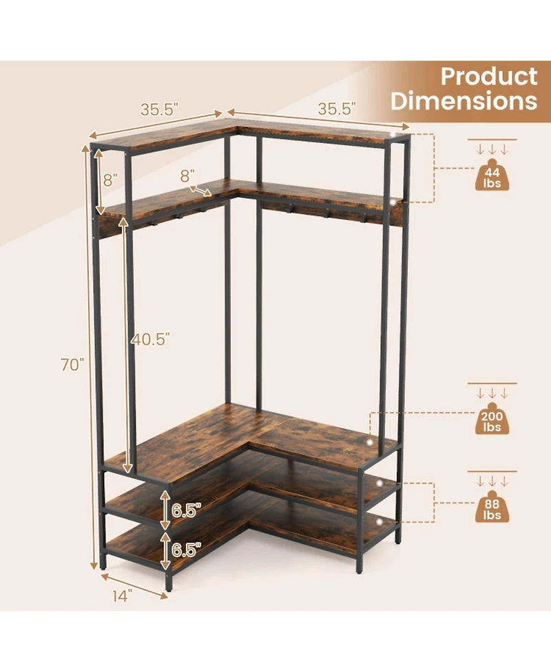 Gouun Wood Corner Hall Tree with Shoe Bench and Open Shelves