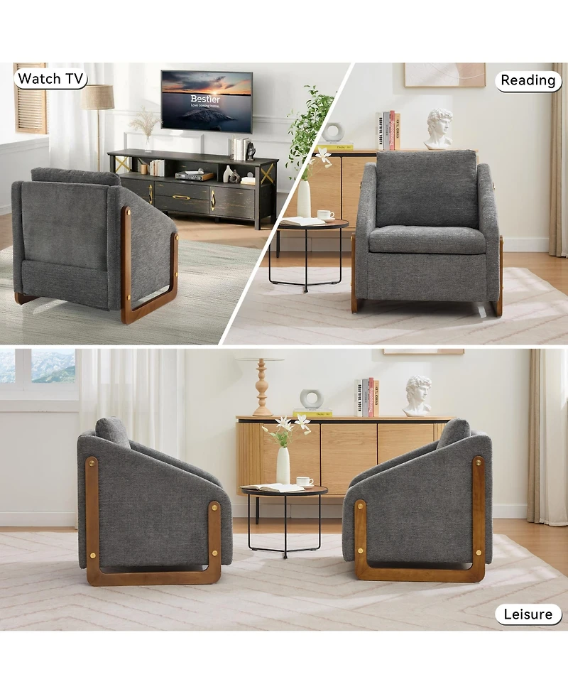 Rainsken Modern Accent Chair, Chenille Fabric Upholstered Armchair with Wooden Side Frame and Golden Nailhead Trim for Living Room, Set of 1