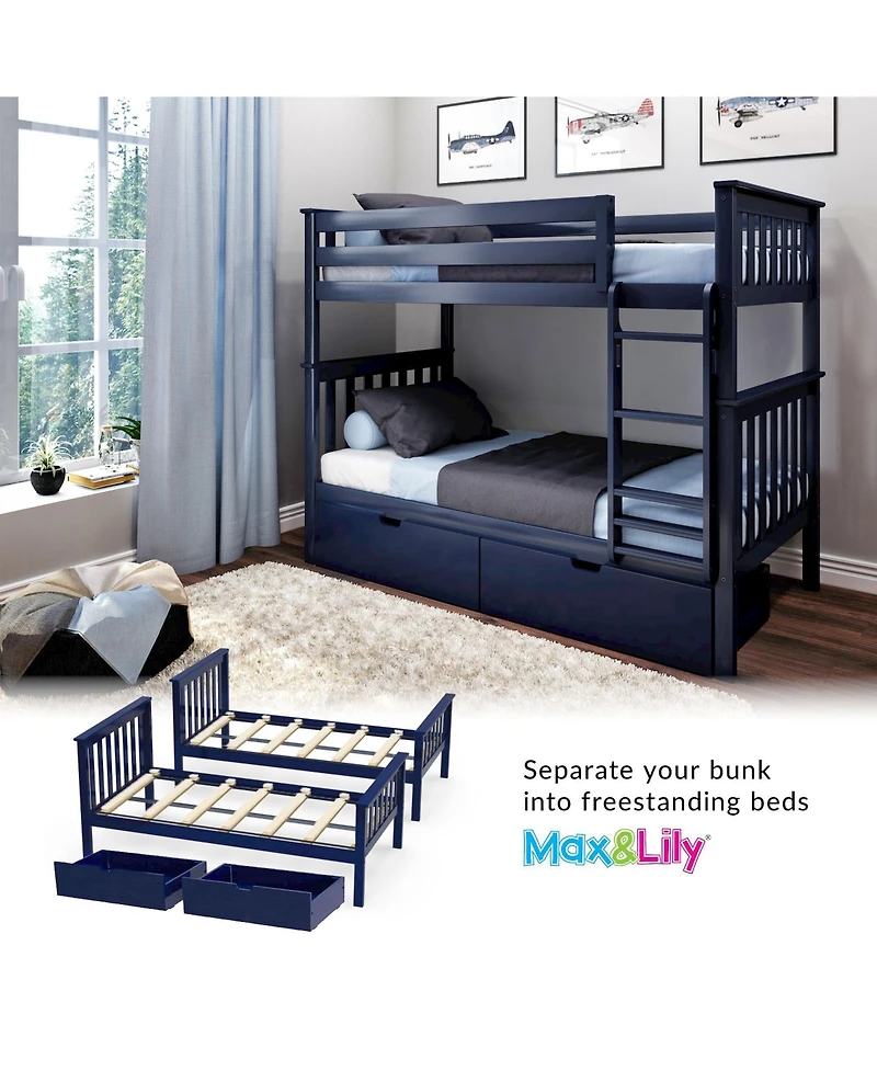 Max and Lily Solid Wood Twin over Bunk Bed for Kids with Underbed Storage Drawers