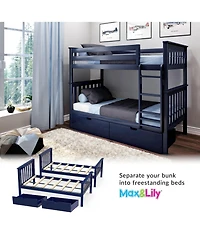 Max and Lily Solid Wood Twin over Bunk Bed for Kids with Underbed Storage Drawers
