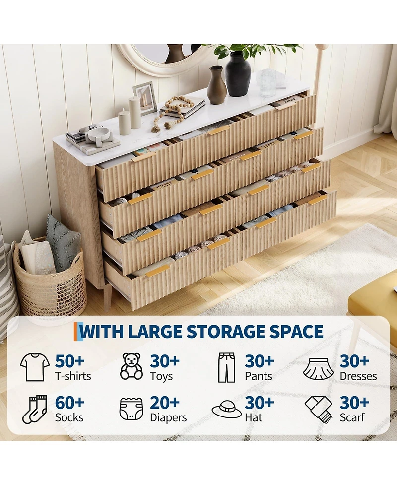 gaomon 54" Fluted 9 Drawer Wood Dresser with Metal Handles and Curved Profile, Modern Tv Stand