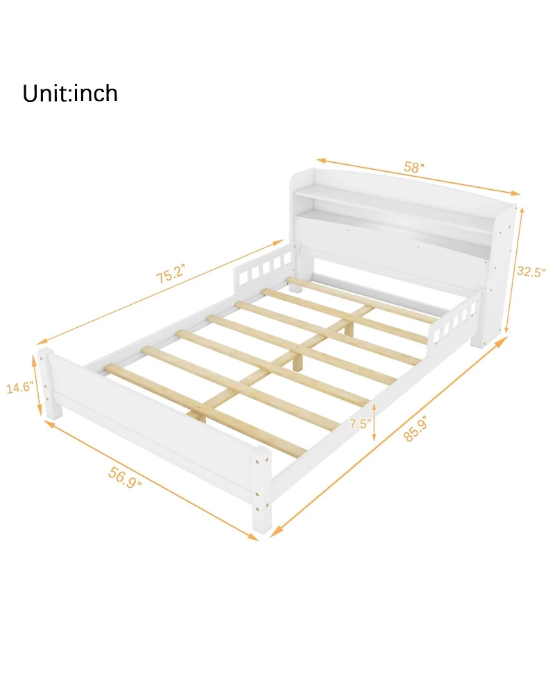 Sailvan Full Pine Wood Bed with Bookcase Headboard, Led Motion Sensor Light and Guardrails