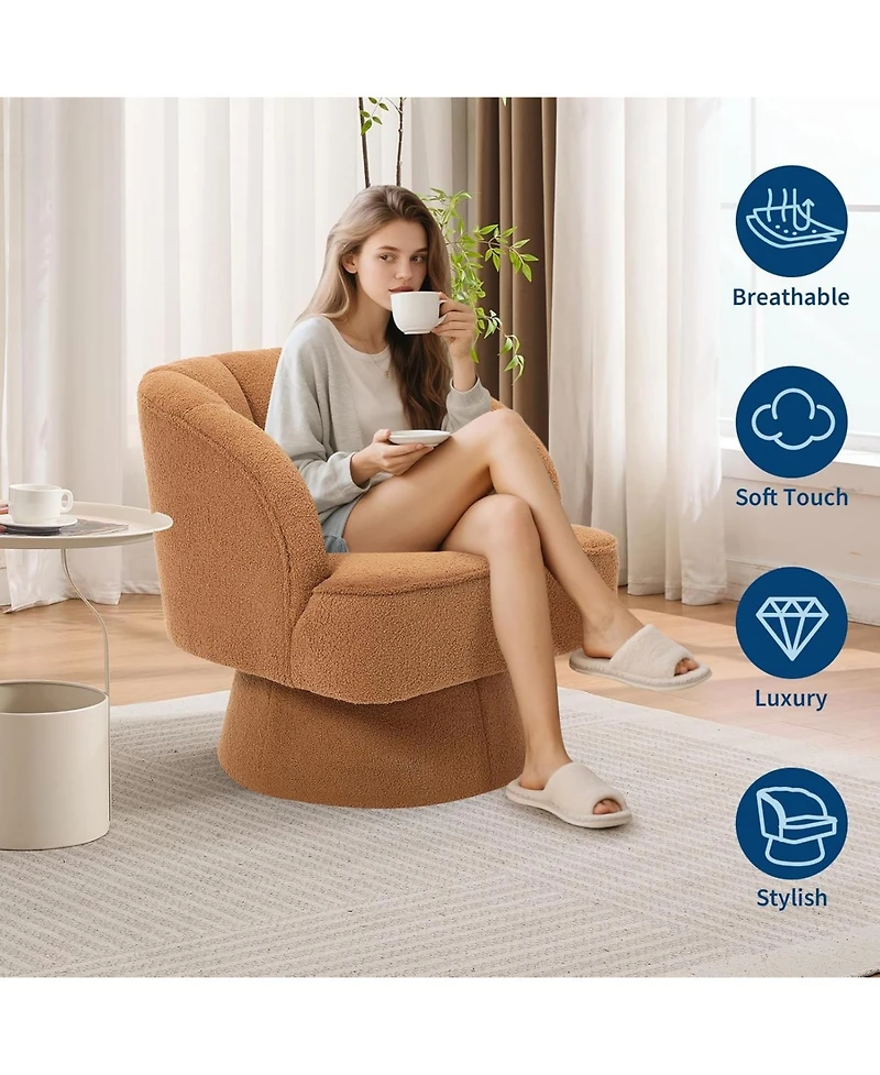 gaomon Modern Swivel Barrel Accent Chair,360 Teddy Fabric Upholstered Armchair with Striped Backrest and Plush Padding,Comfy Round Lounge Chair