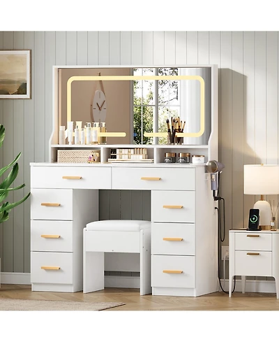 Homfan Makeup Vanity Desk Set with Large Lighted Mirror, 8 Drawers, 3 Storage Shelves, Glass Top, Stool, Built-in Power Outlet