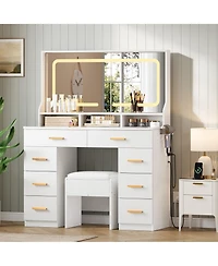 Homfan Makeup Vanity Desk Set with Large Lighted Mirror, 8 Drawers, 3 Storage Shelves, Glass Top, Stool, Built-in Power Outlet
