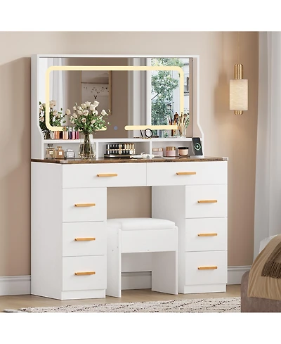 Homfan Makeup Vanity Desk Set with Large Lighted Mirror, 8 Drawers, 3 Storage Shelves, Glass Top, Stool, Built-in Power Outlet