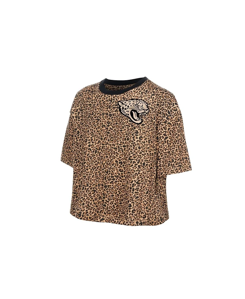 New Era Women's Brown Jacksonville Jaguars Mom Me Leopard Boxy Cropped T-Shirt