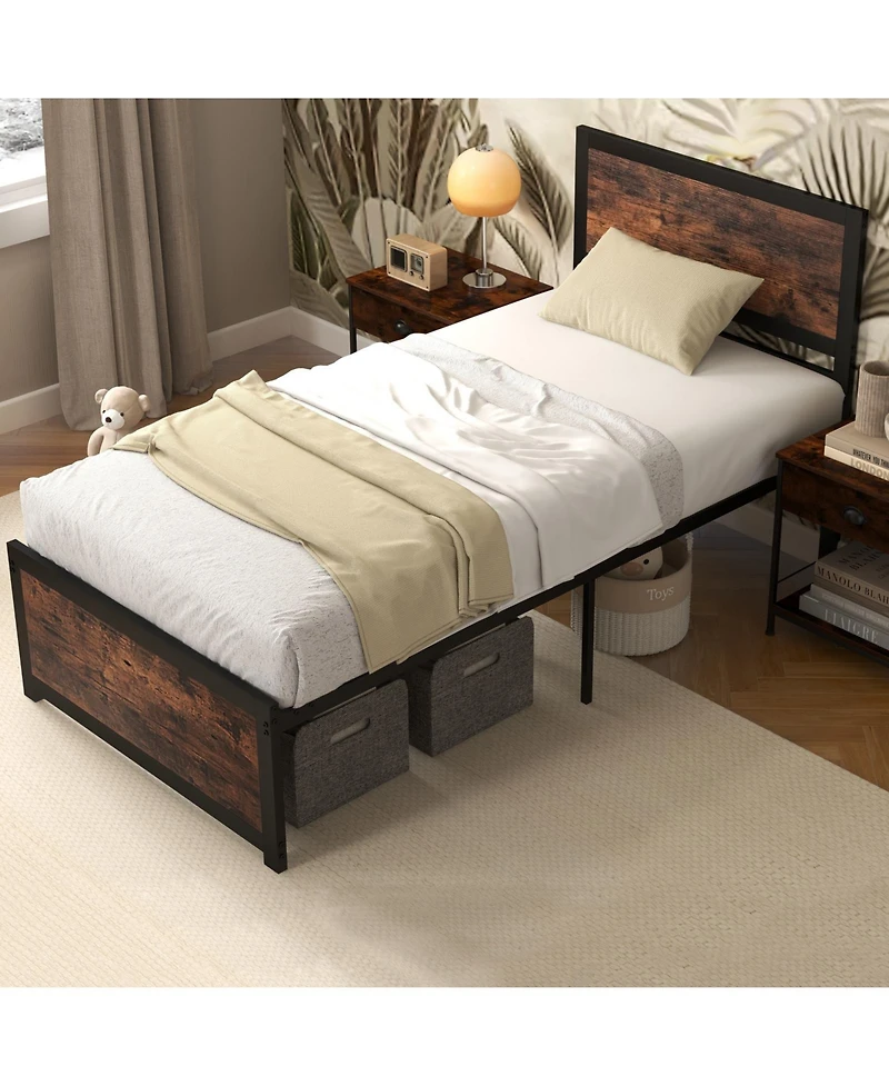 Slickblue Heavy Duty Metal Bed Frame with Tall Headboard and Noise Reducing Mute Bars-Rustic