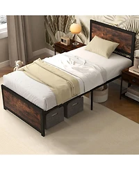Slickblue Heavy Duty Metal Bed Frame with Tall Headboard and Noise Reducing Mute Bars-Rustic