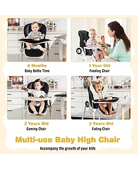 Gouun Baby Foldable High Chair with 4 Lockable Wheels and Double Tray