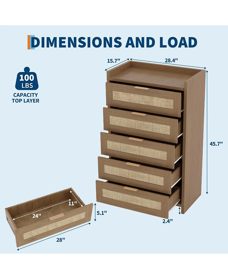 gaomon Rattan 5 Drawer Dresser, 46" Tall Wooden Chest with Metal Handles for Bedroom, Living Room