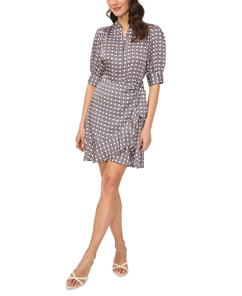 CeCe Women's Open Collar Ruffle Detail Wrap Dress