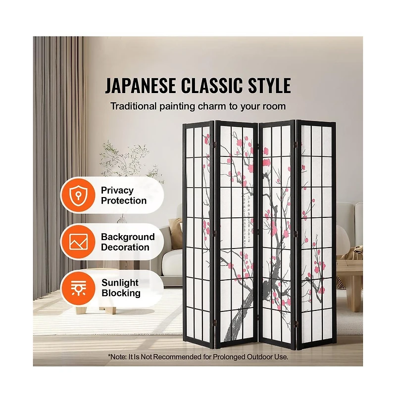 Sugift 4-Panel Japanese Shoji Style Folding Room Divider Screen, 66.9 in Tall Wood Frame