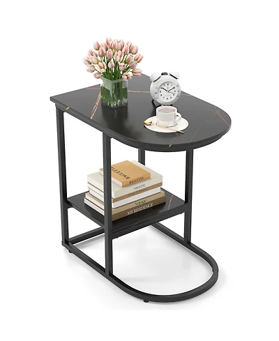 Gymax C-Shaped Side Table Compact 2-tier Storage End for Small Space