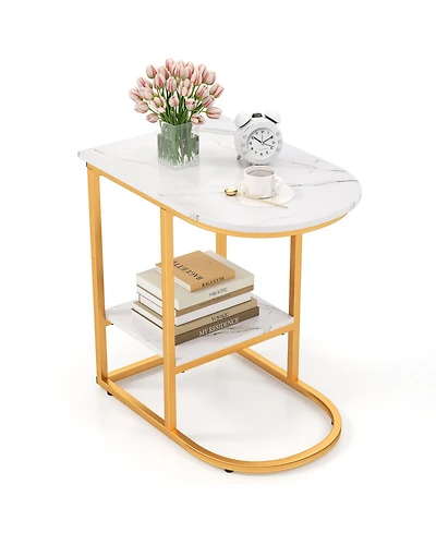 Gymax C-Shaped Side Table Compact 2-tier Storage End for Small Space
