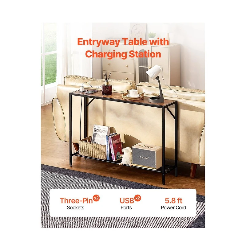 Sugift 41.7 in Narrow Console Table with Power Outlets and Usb Ports, 2-Tier Behind Couch Entryway Table with Charging Station