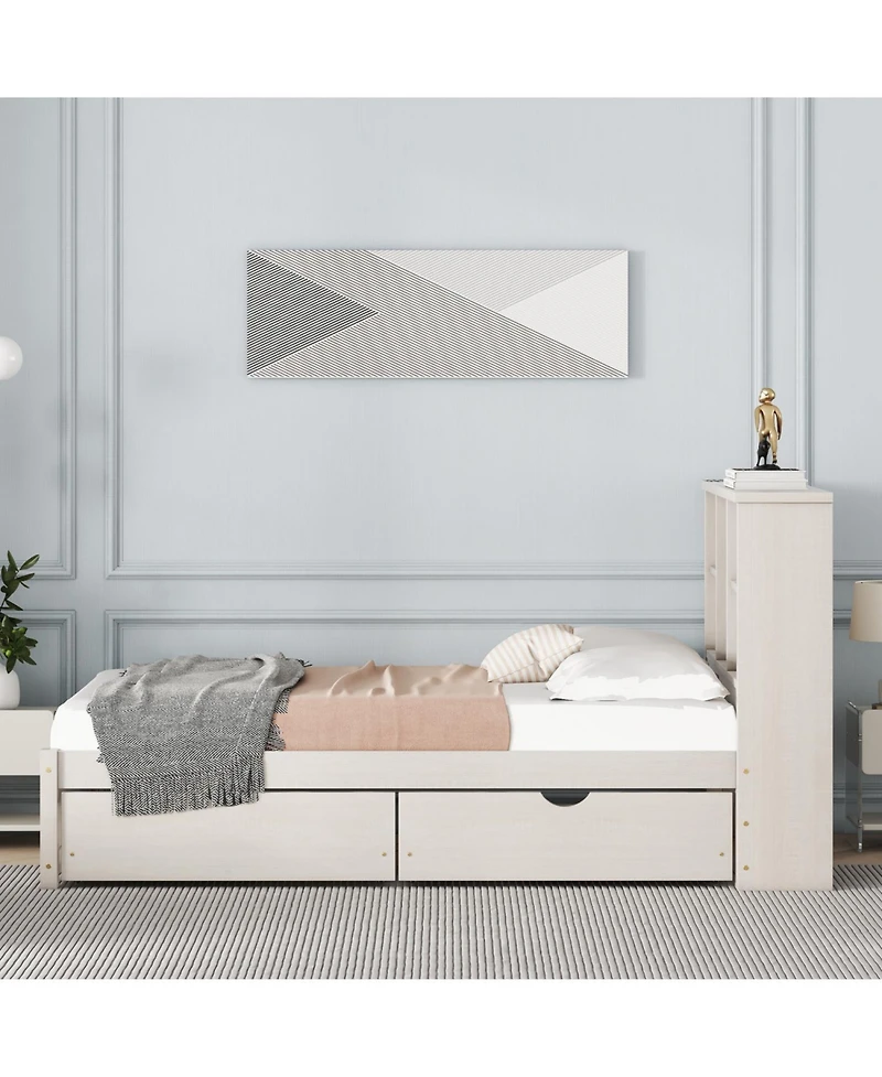 Rainsken Twin Storage Bed, with Bookcase Headboard and 2 Drawers, Built-in Usb Port, for Kids Teens Adults, No Box Spring Needed