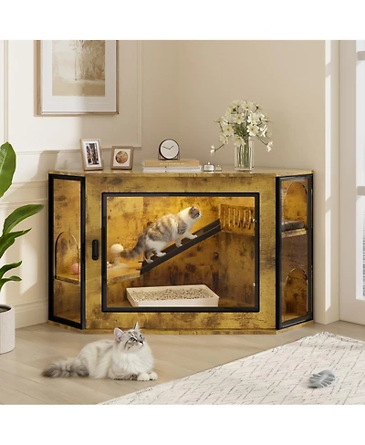 6thdruple 48"Corner Cat Litter Box Enclosure, Modern Cabinet with Led, Acrylic Door, Play Area
