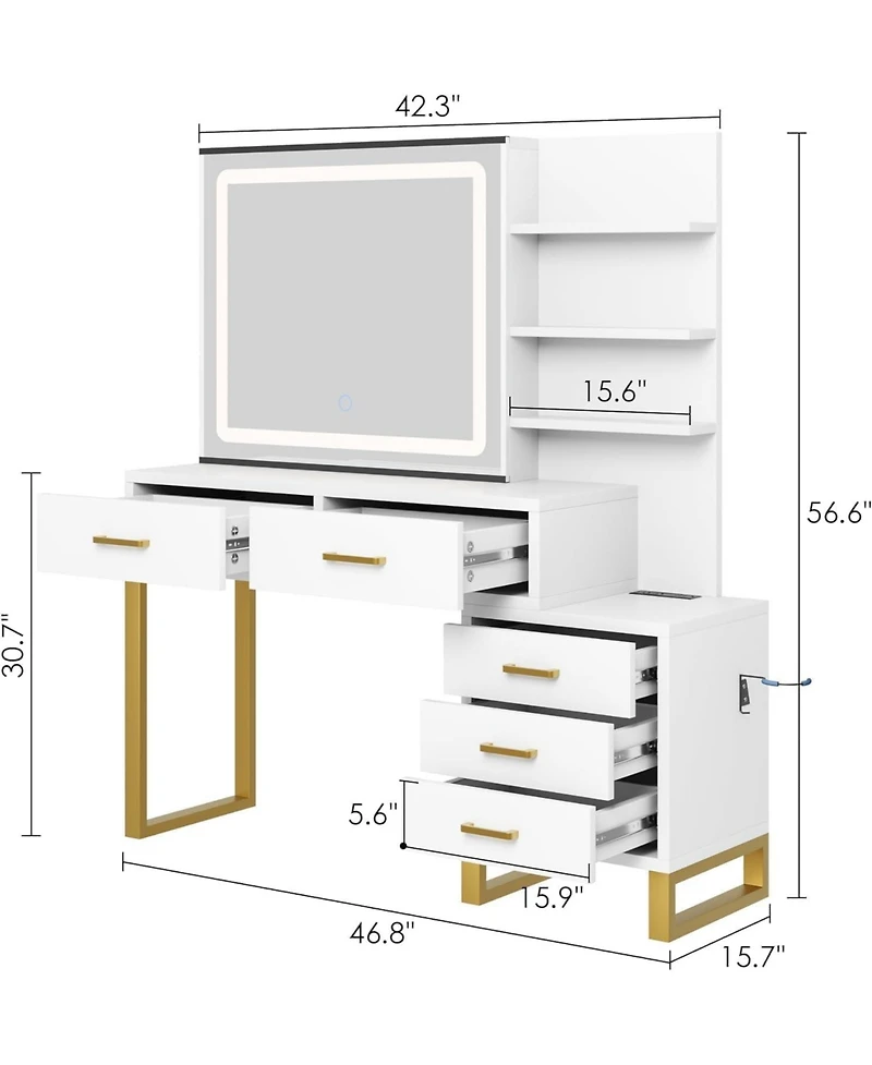 Homfan Large Makeup Vanity Desk with Sliding Mirror, Led Lights, Charging Station, 5 Drawers, 3 Open Shelves