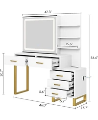Homfan Large Makeup Vanity Desk with Sliding Mirror, Led Lights, Charging Station, 5 Drawers, 3 Open Shelves