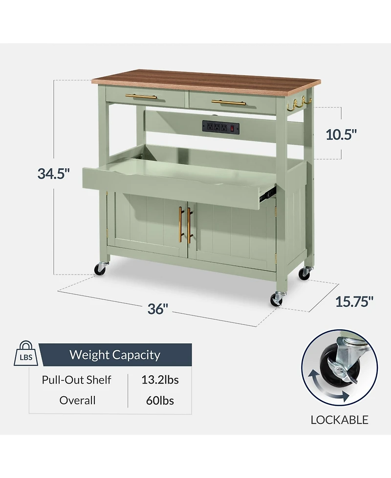Best Choice Products 36in Large Rolling Kitchen Island Cart, 2-Door Cabinet, Outlet, Hooks, and Wheels