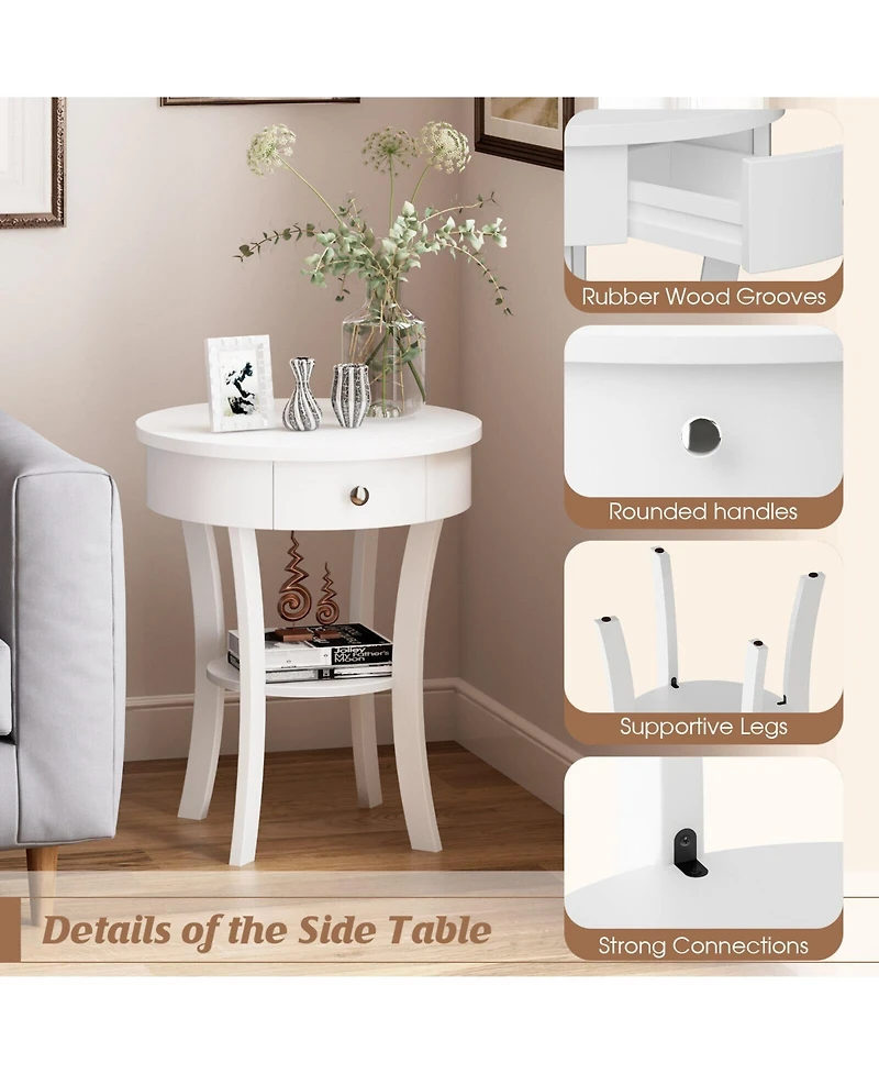 Sugift 2-Tier Wood Round End Table with Open Drawer