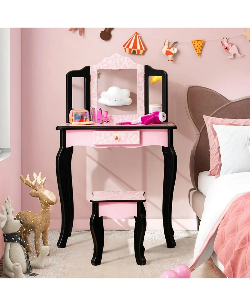 Gouun Kids Wood Makeup Dressing Table with Dimmable Lights and Stool