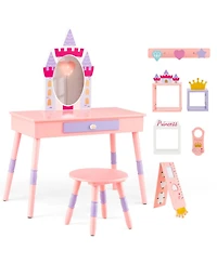 Gouun Wood Kids Princess Vanity Set with Mirror and Stool