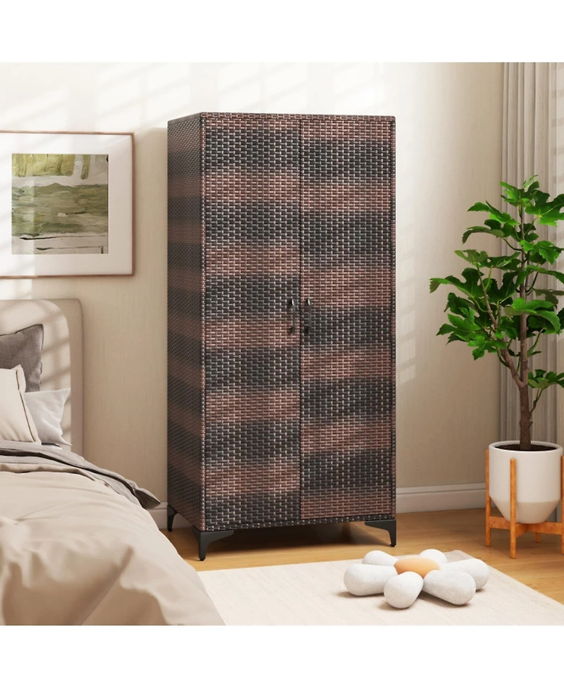 Gouun Metal Frame Tall Wicker Wardrobe Closet with Hanging Rod and Doors