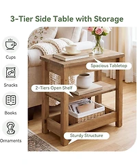 Tribesigns Solid Wood End Table with 3-Tier Storage Shelf, Farmhouse Narrow Sofa Side Table, Small Rectangular Nightstand