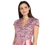 R & M Richards Women's Long Mikado Ballgown with Embroidered Mesh Bodice