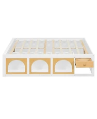 Rainsken Full Size Platform Bed, Modern Wooden Bed Frame with Bookshelf, Side Display Cabinet, Led Light and Storage Drawer for Kids and Teens