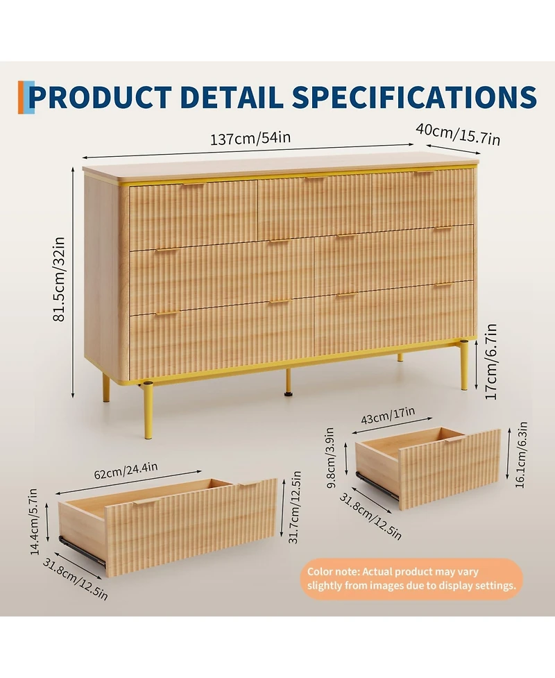gaomon Fluted 7 Drawer Dresser with Gold Handles Curved Profile Design, 54" Wide Modern Wood Storage Cabinet and Tv Stand