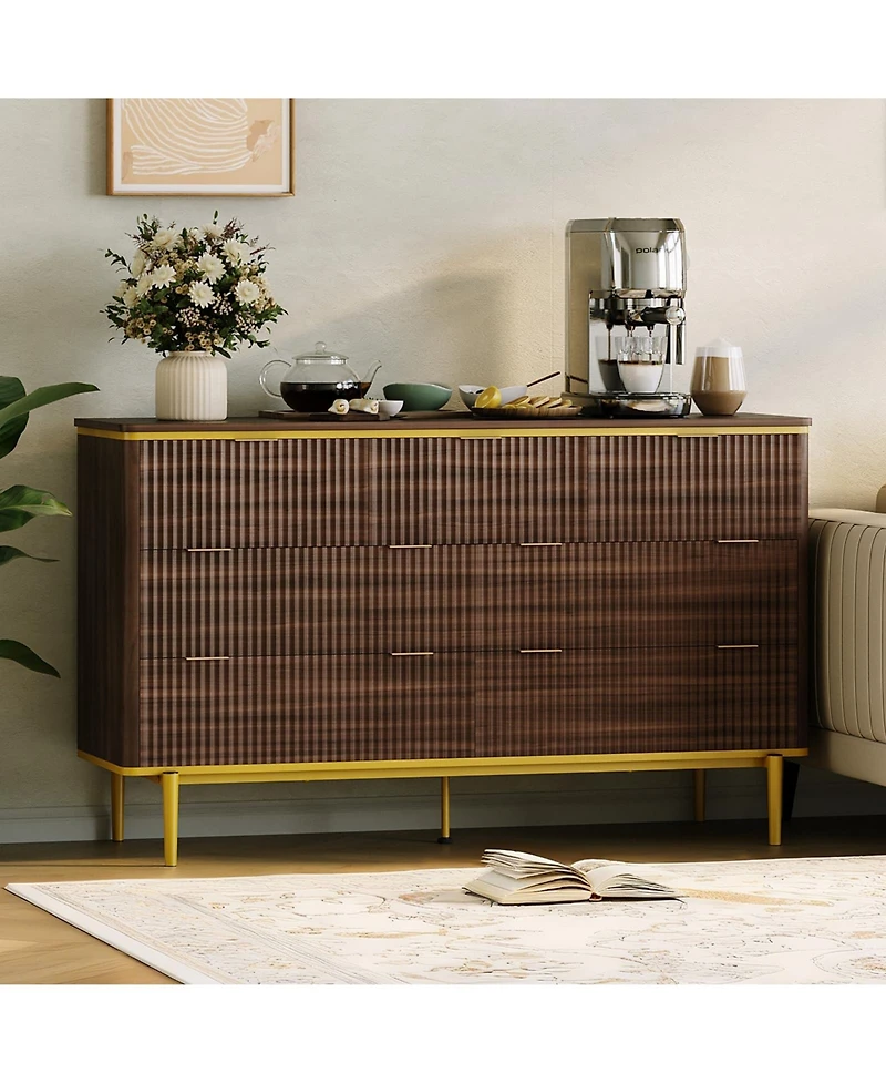 gaomon Fluted 7 Drawer Dresser with Gold Handles Curved Profile Design, 54" Wide Modern Wood Storage Cabinet and Tv Stand