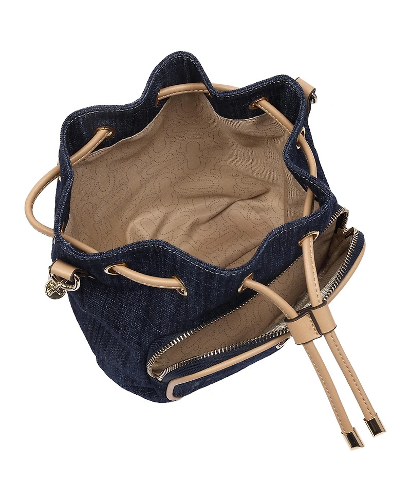 True Religion Bryce Denim and Pu Bucket Bag - Women s Designer Drawstring Bucket Handbag with Crossbody Strap