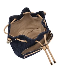 True Religion Bryce Denim and Pu Bucket Bag - Women s Designer Drawstring Bucket Handbag with Crossbody Strap