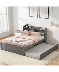 Sailvan Full Platform Bed with Trundle and Storage Bookcase Headboard, Solid Pine Wood