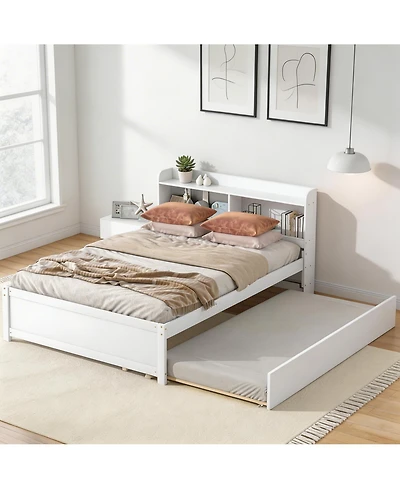 Sailvan Full Platform Bed with Trundle and Storage Bookcase Headboard, Solid Pine Wood