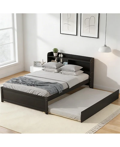 Sailvan Full Platform Bed with Trundle and Storage Bookcase Headboard, Solid Pine Wood