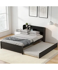 Sailvan Full Platform Bed with Trundle and Storage Bookcase Headboard, Solid Pine Wood