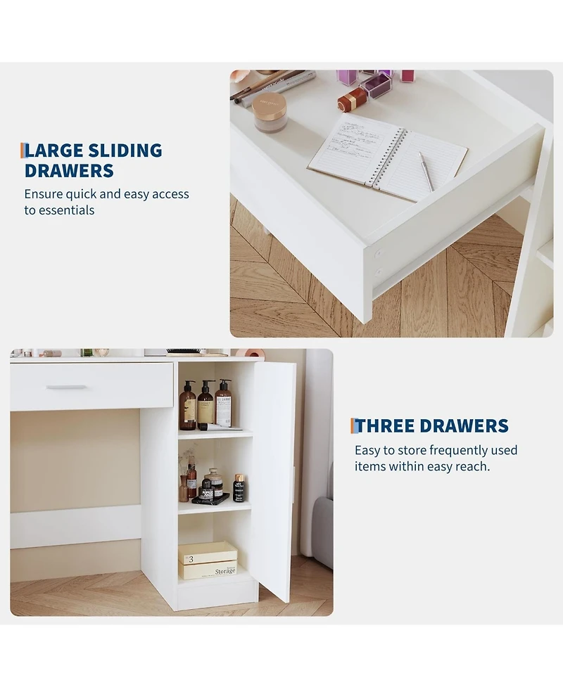 gaomon Vanity with Mirror, Three-Level Adjustable Lighting, Drawer Cabinet, Power Outlet and Stool Compact Design Ideal for Bedrooms Apartments